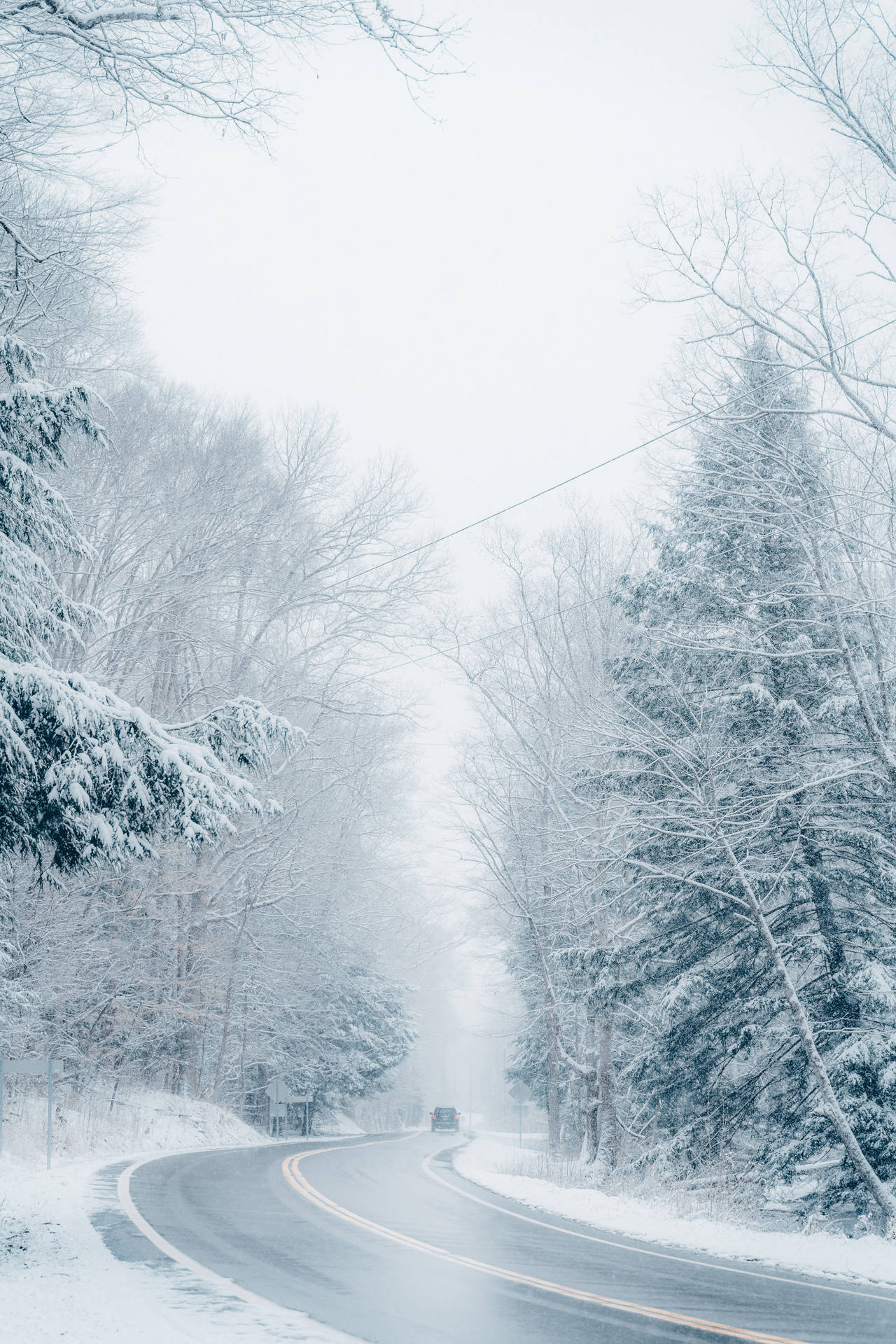 Snebelagt vej under kølig vintermorgen Wallpaper