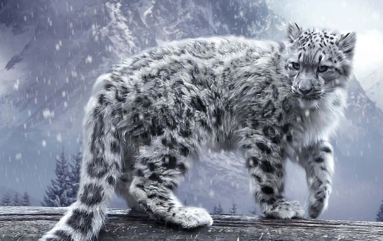 A snow leopard looking at the viewer with its beautiful blue eyes. Wallpaper