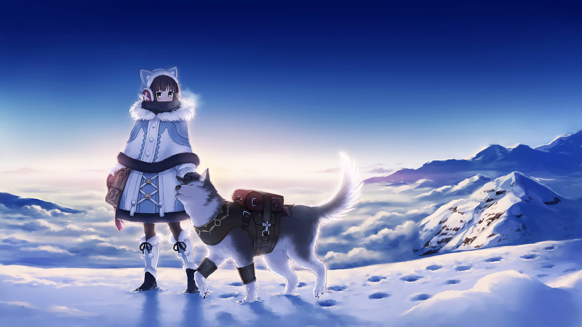 Schneebedeckterberg, Hund Und Mädchen Wallpaper