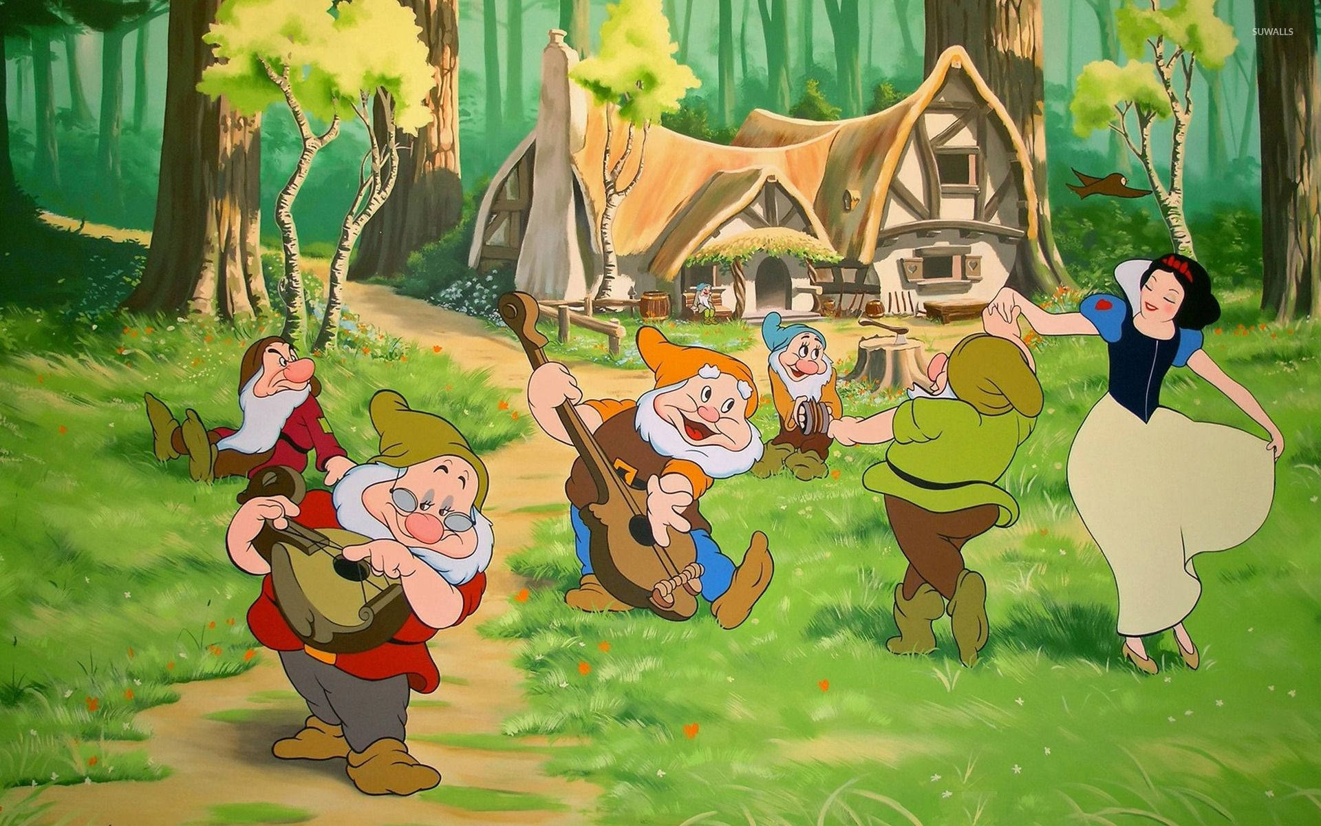Snow White And The Seven Dwarfs Dancing Outside Wallpaper