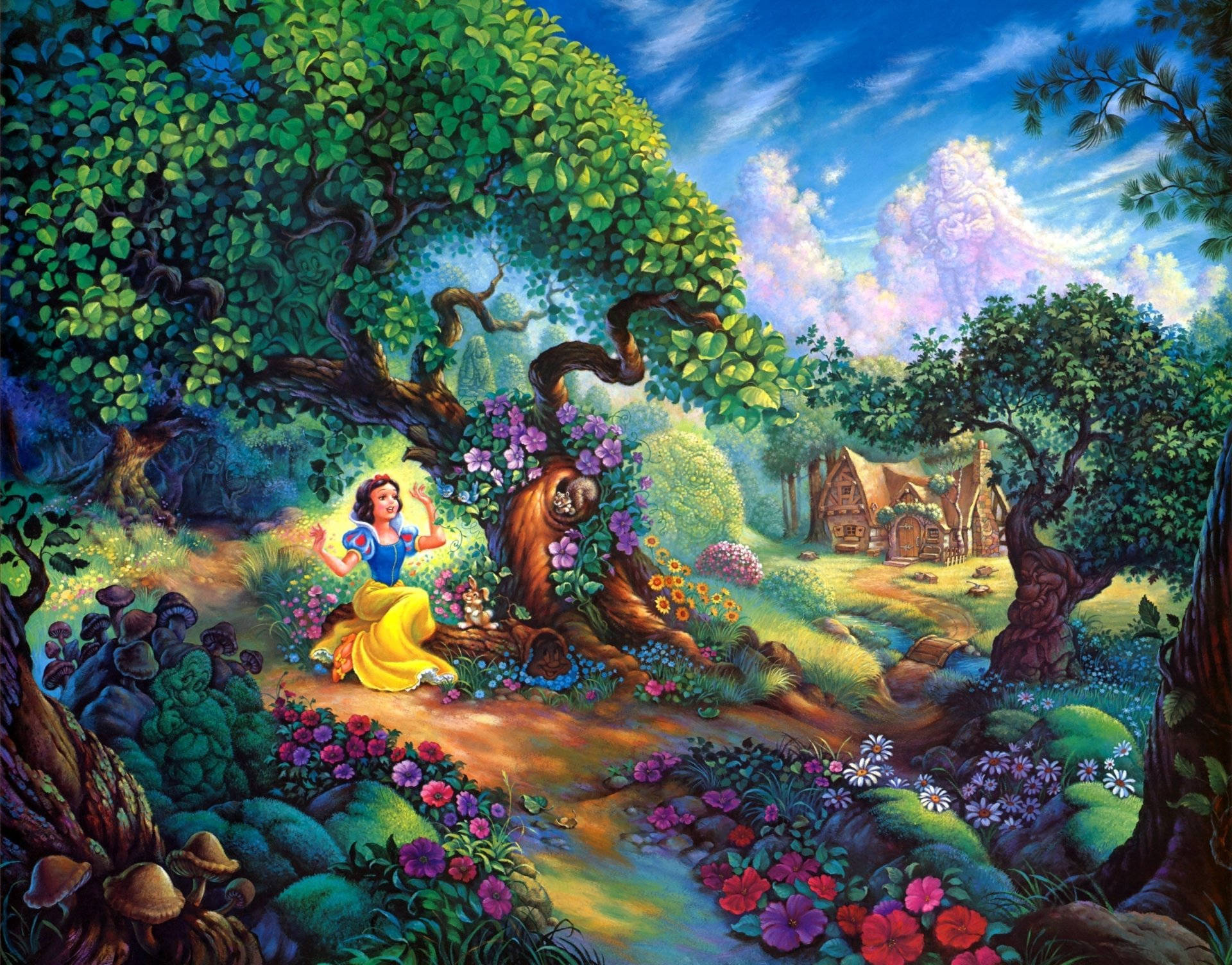 Snow White And The Seven Dwarfs In Garden Wallpaper