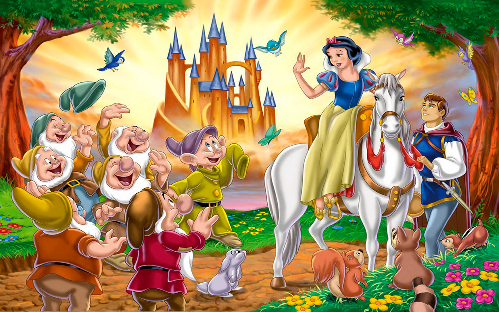 Snow White And The Seven Dwarfs On Horse Wallpaper