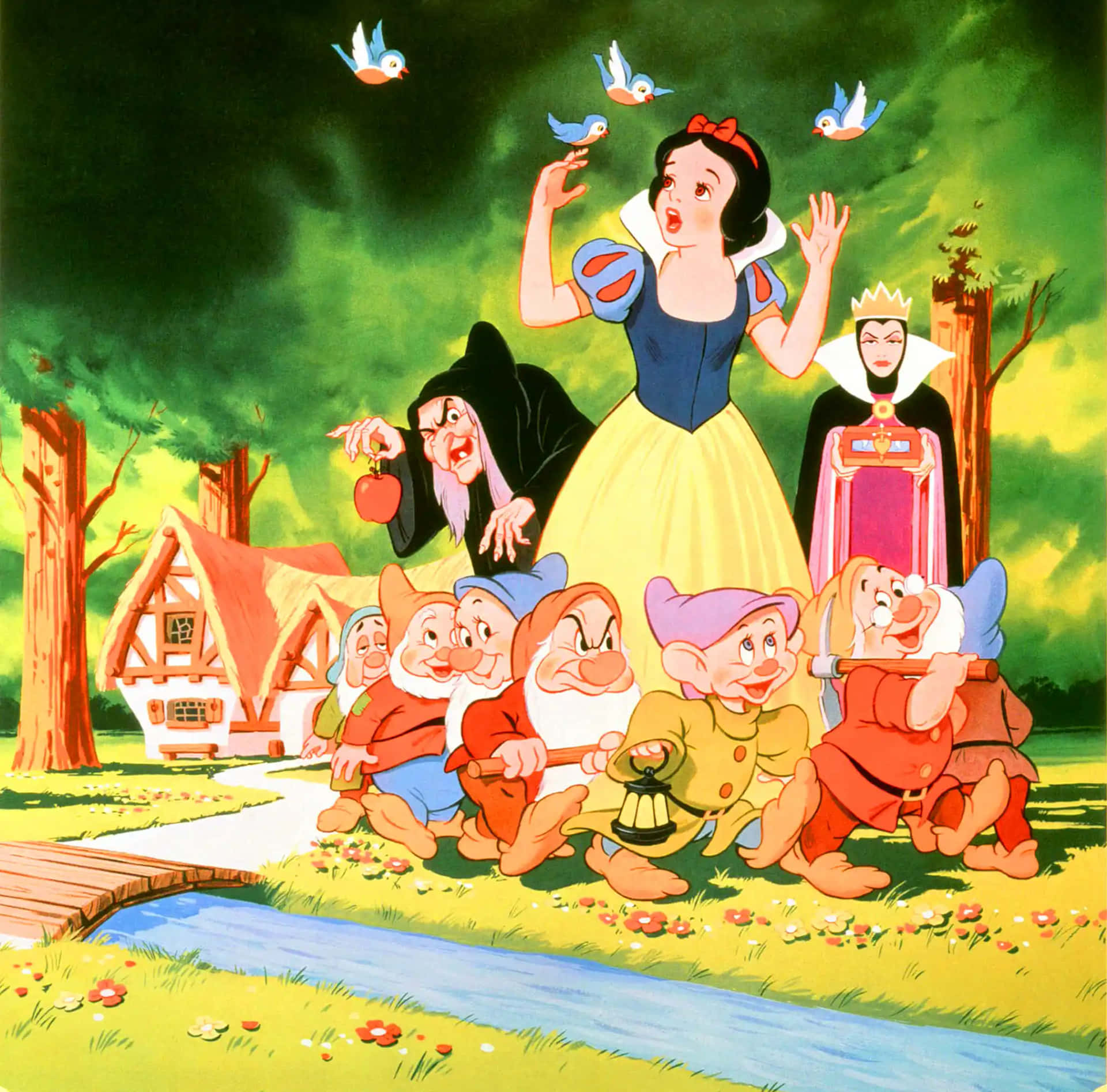 Snow White And The Seven Dwarfs With Evil Queen Wallpaper