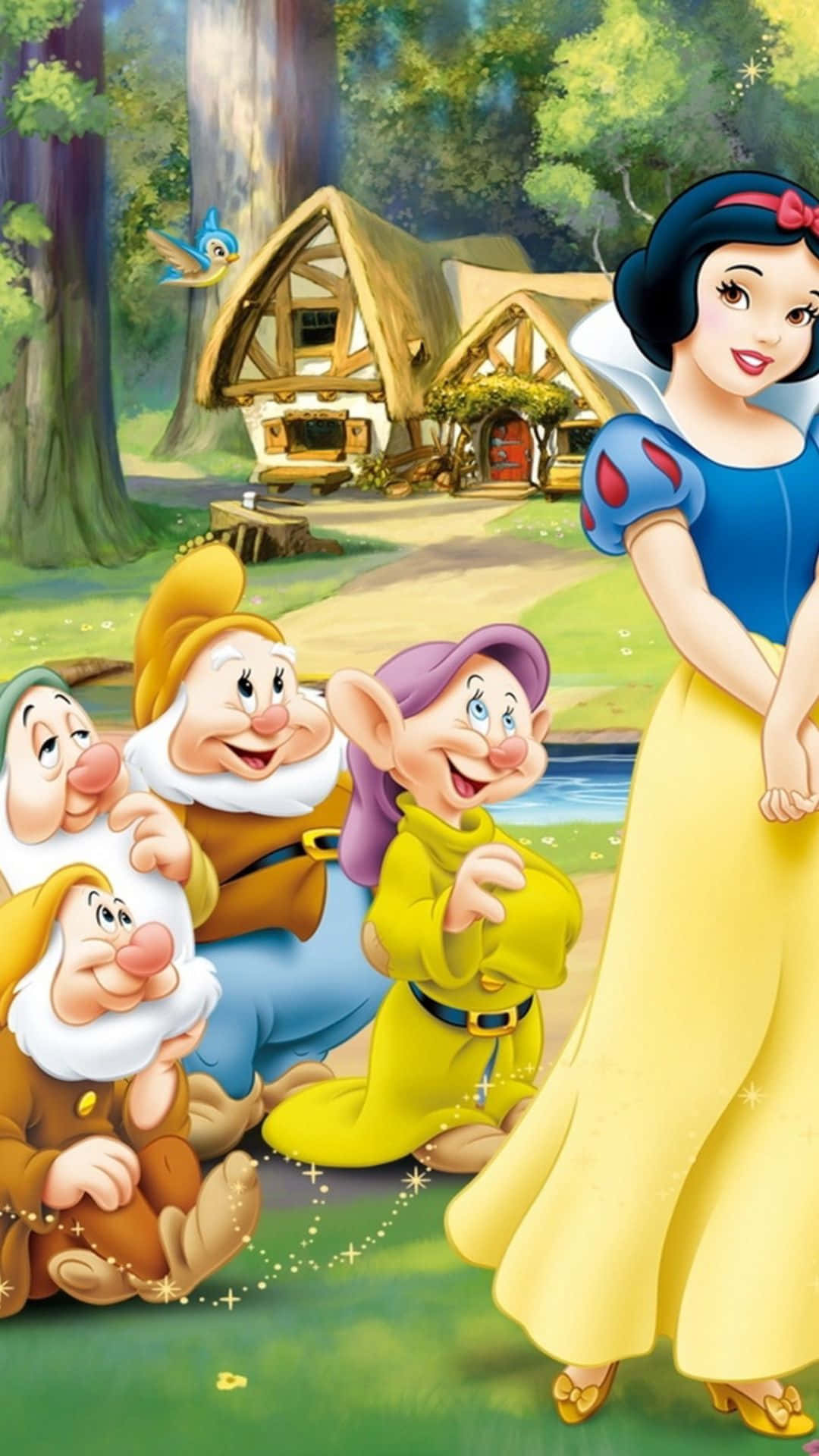 Snow White surrounded by seven dwarfs