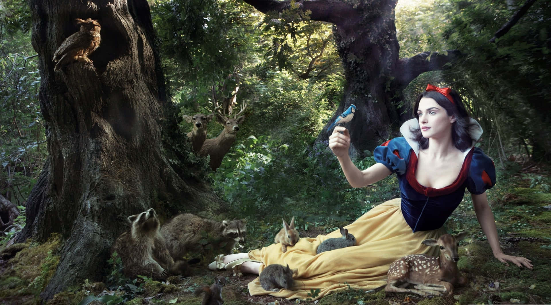Snow White surrounded by nature in a fairytale forest