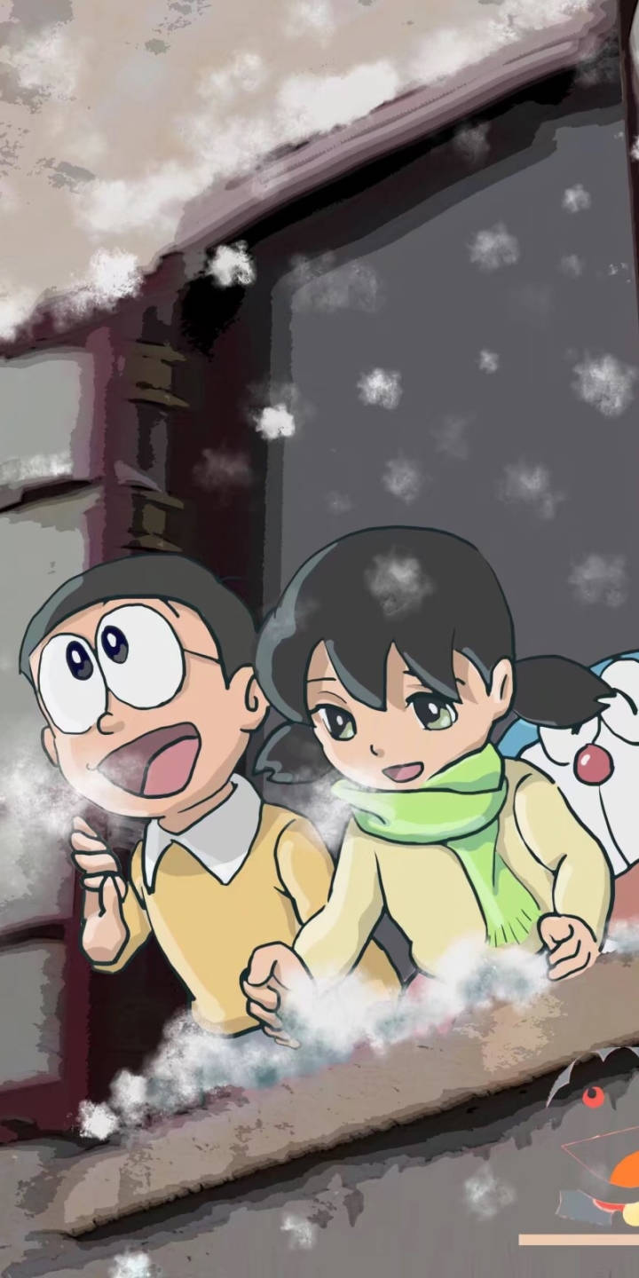 Snow With A Cute Nobita And Shizuka Background