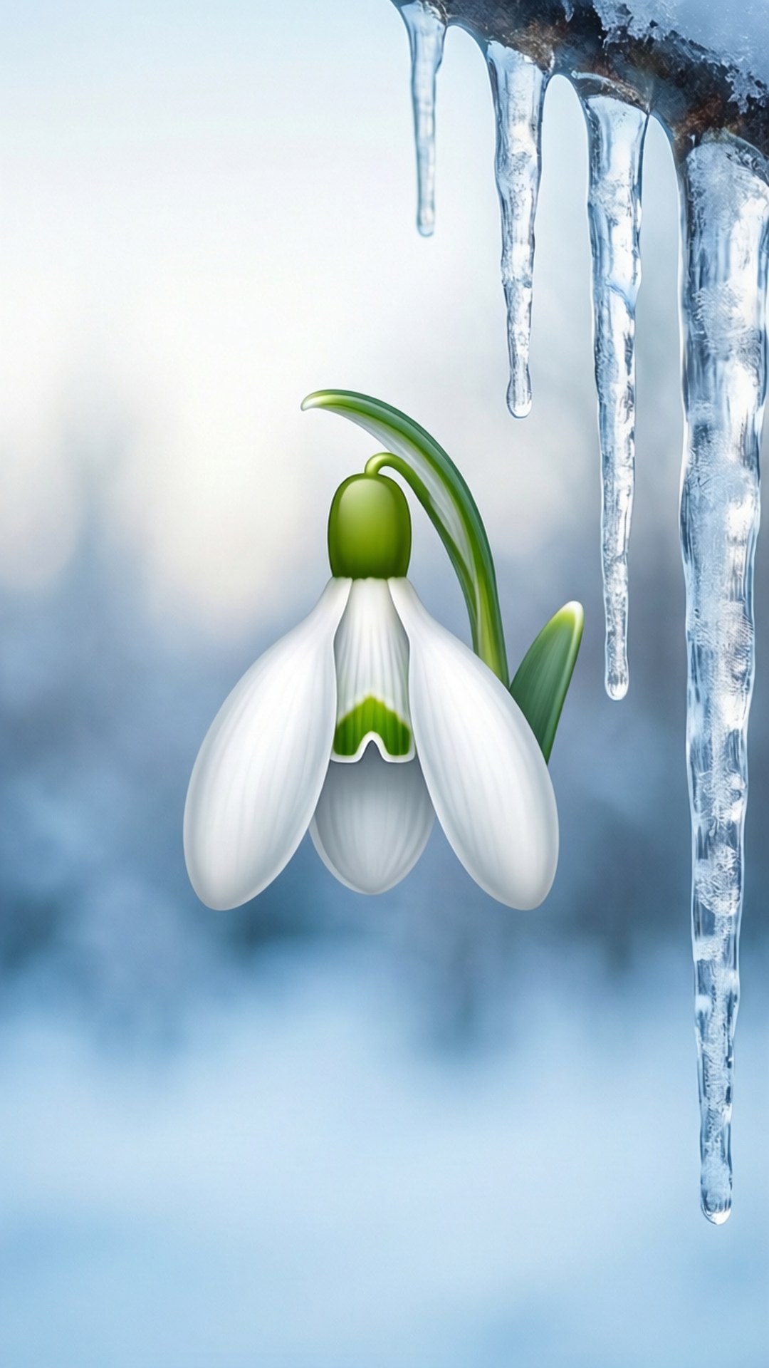 Hvit snødråpe-emoji med istapper på kald blå gradient
