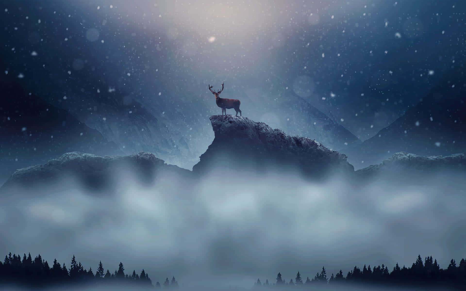 Neveche Cade Di Notte Sulle Montagne Con Cervo. Sfondo