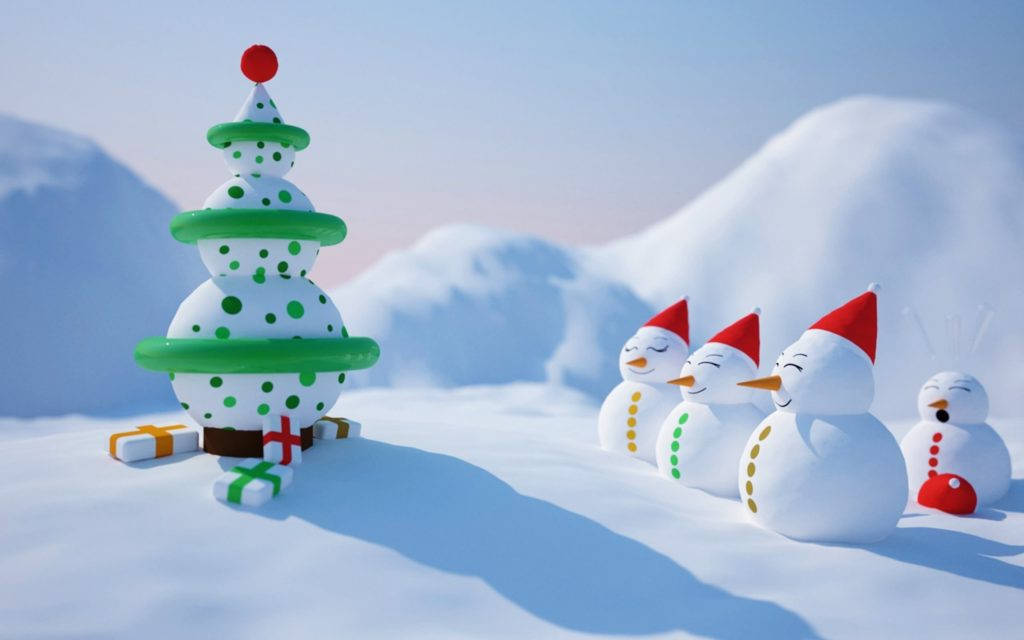 Snowmen And Snow Tree Funny Christmas Wallpaper