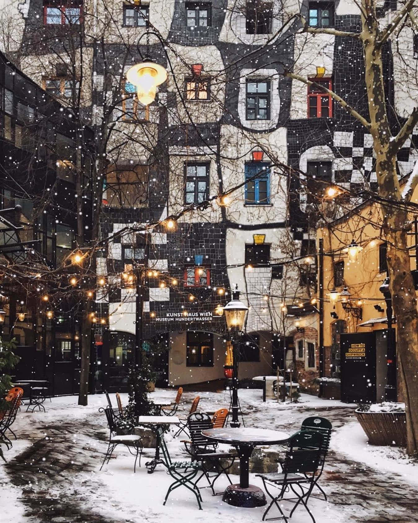 Snowy_ Cafe_ Near_ Hundertwasser_ Building Wallpaper