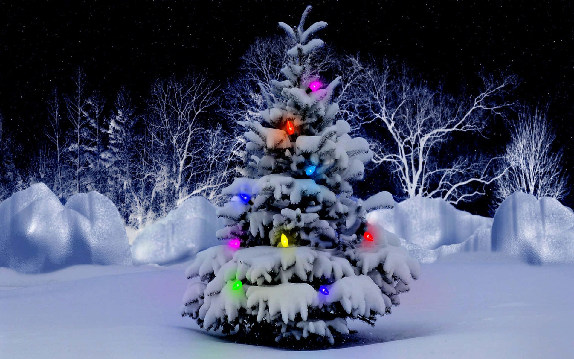 Christmas Tree In The Snow With Colorful Lights
