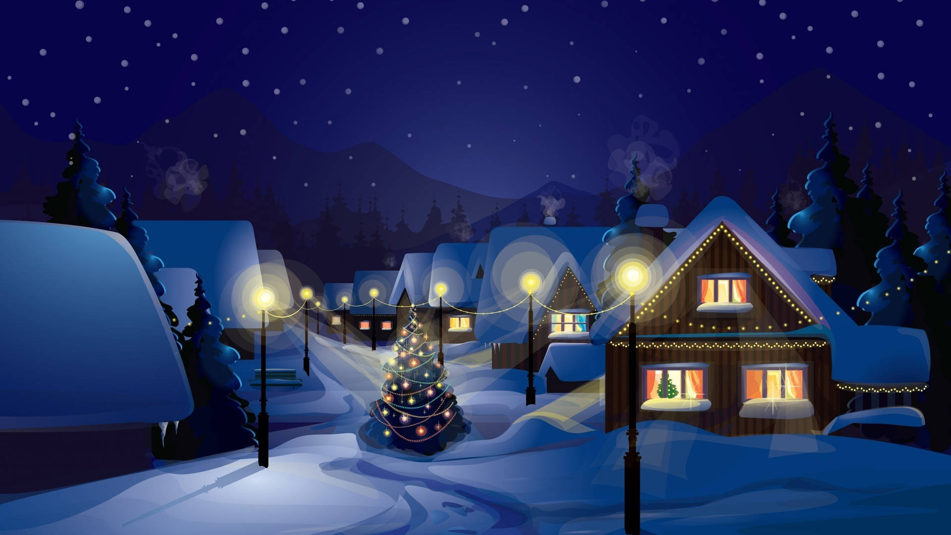 Julelandsby om natten med juletræ og lys Wallpaper