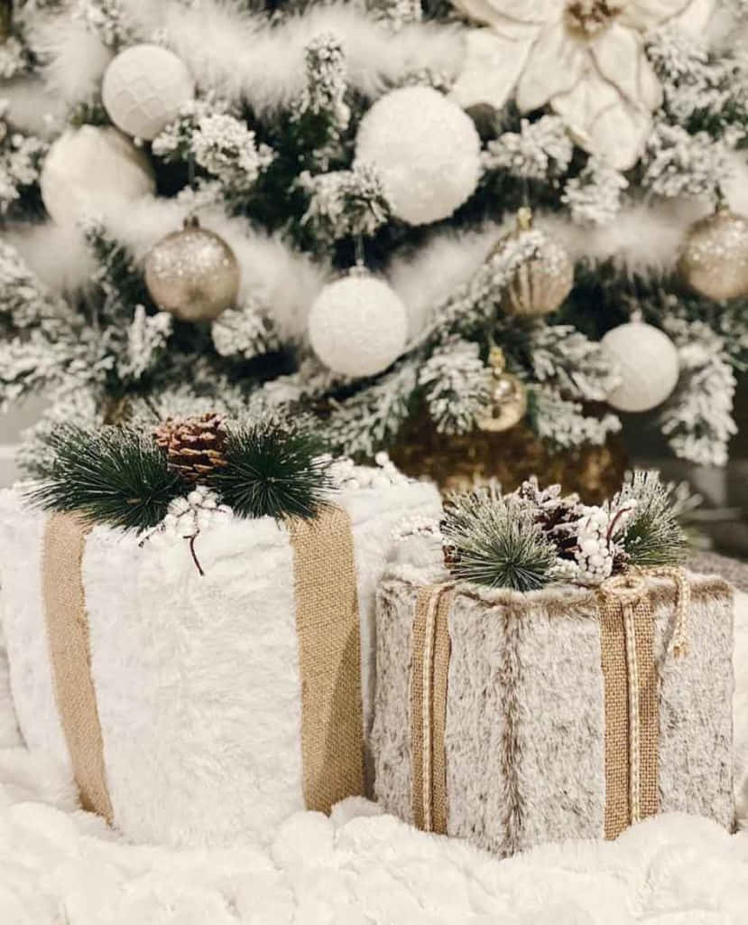 Snowy Christmas Giftsand Tree Decor Wallpaper