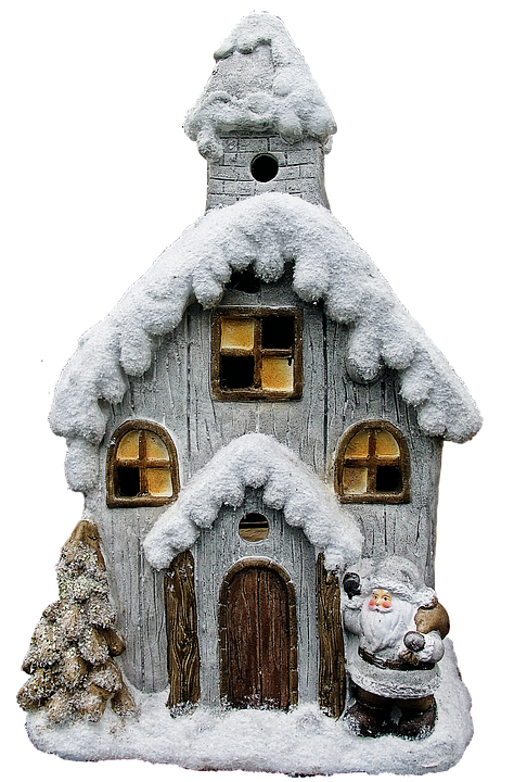 Snowy Christmas Housewith Santa Figurine PNG