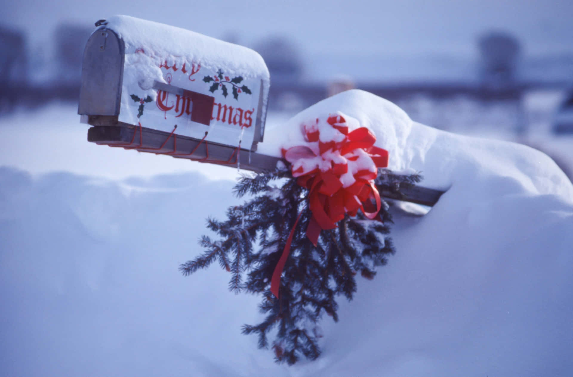 Snowy Christmas Mailbox Decor Wallpaper
