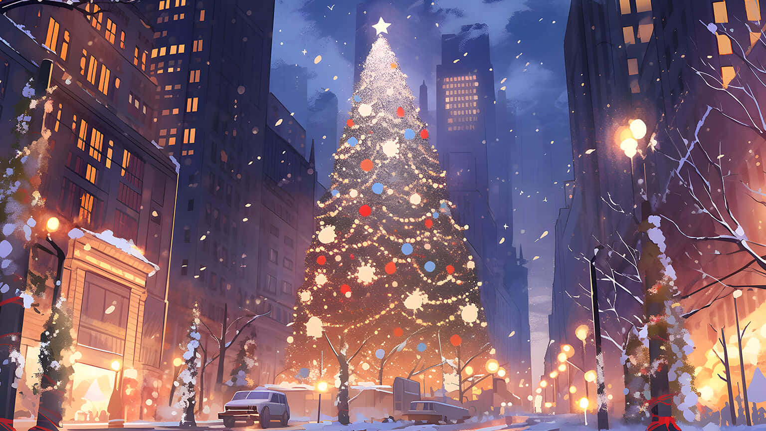 Snowy_ Christmas_ Tree_ Urban_ Setting.jpg Wallpaper
