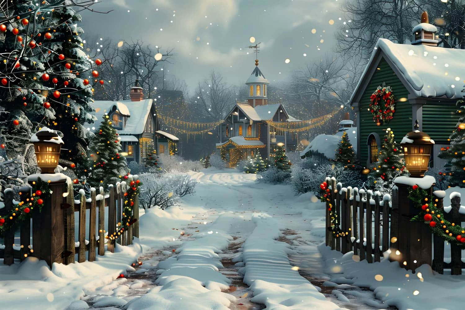 Snowy Christmas Village Scene Wallpaper