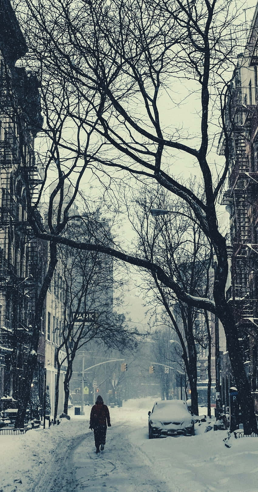 Snowy City Street Winter Scene Wallpaper