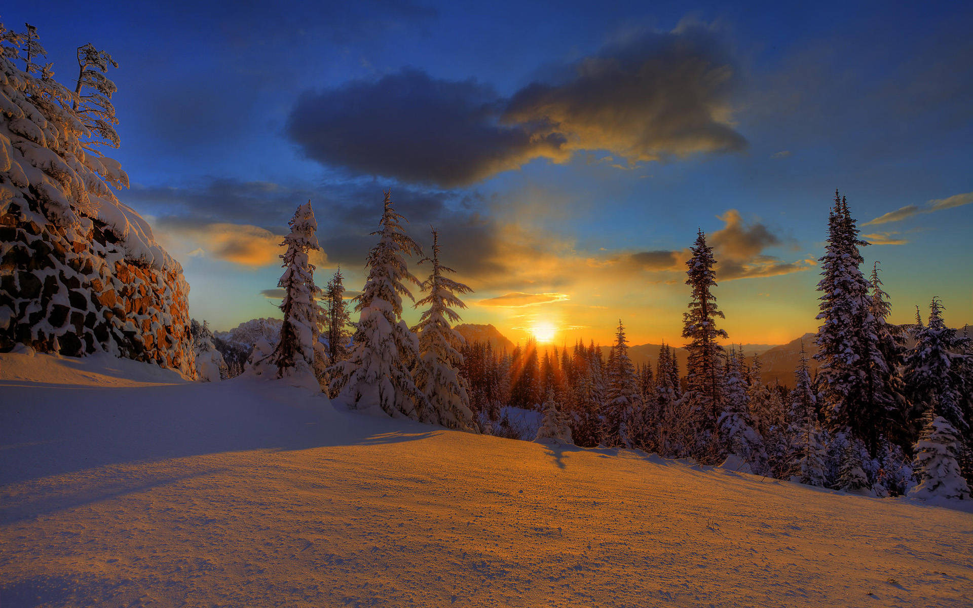Snowy Forest Sunset Desktop Wallpaper