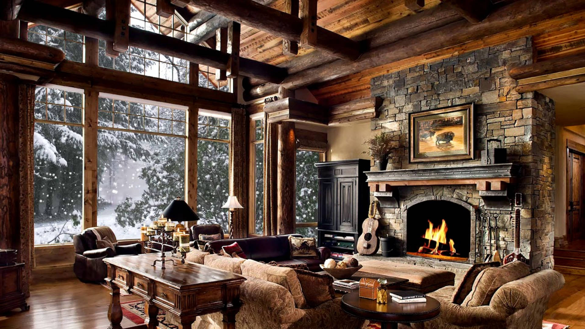 Snowy Forest View Cozy Winter Cabin Wallpaper