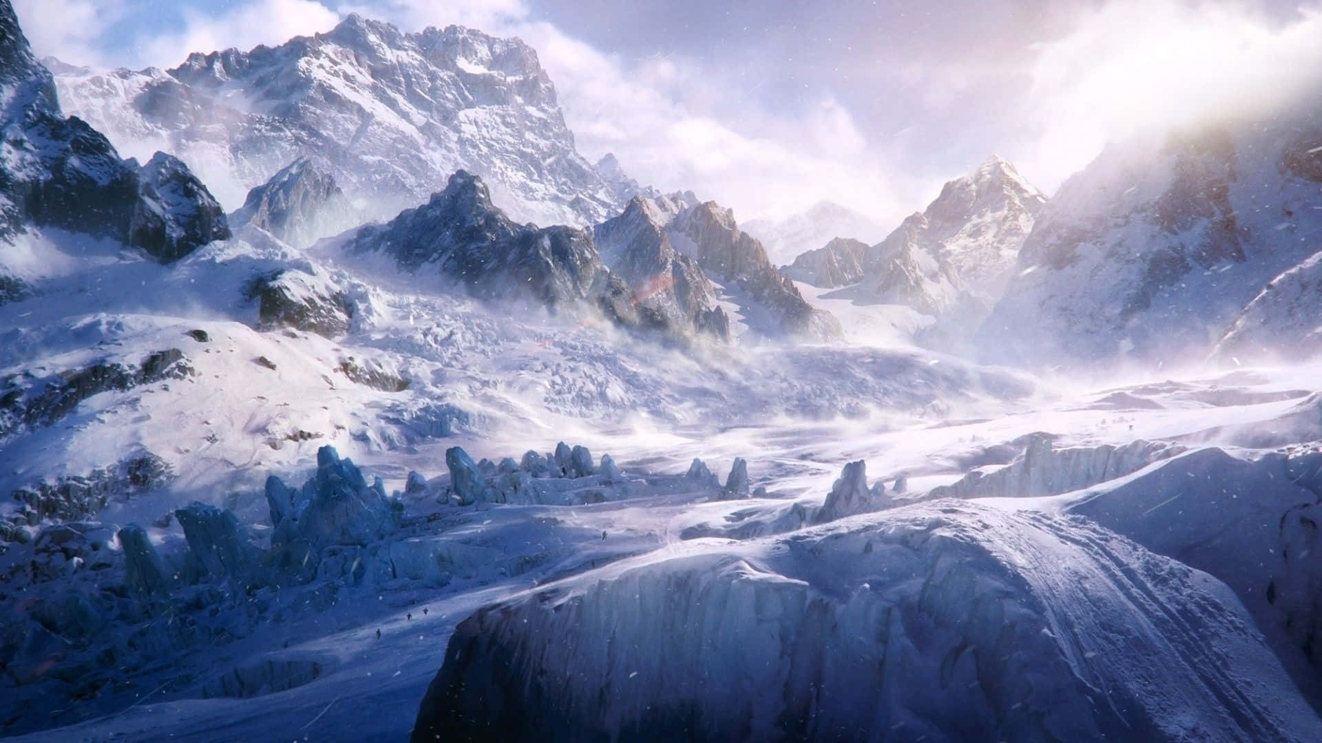 Caption: Majestic Snowy Landscape Wallpaper