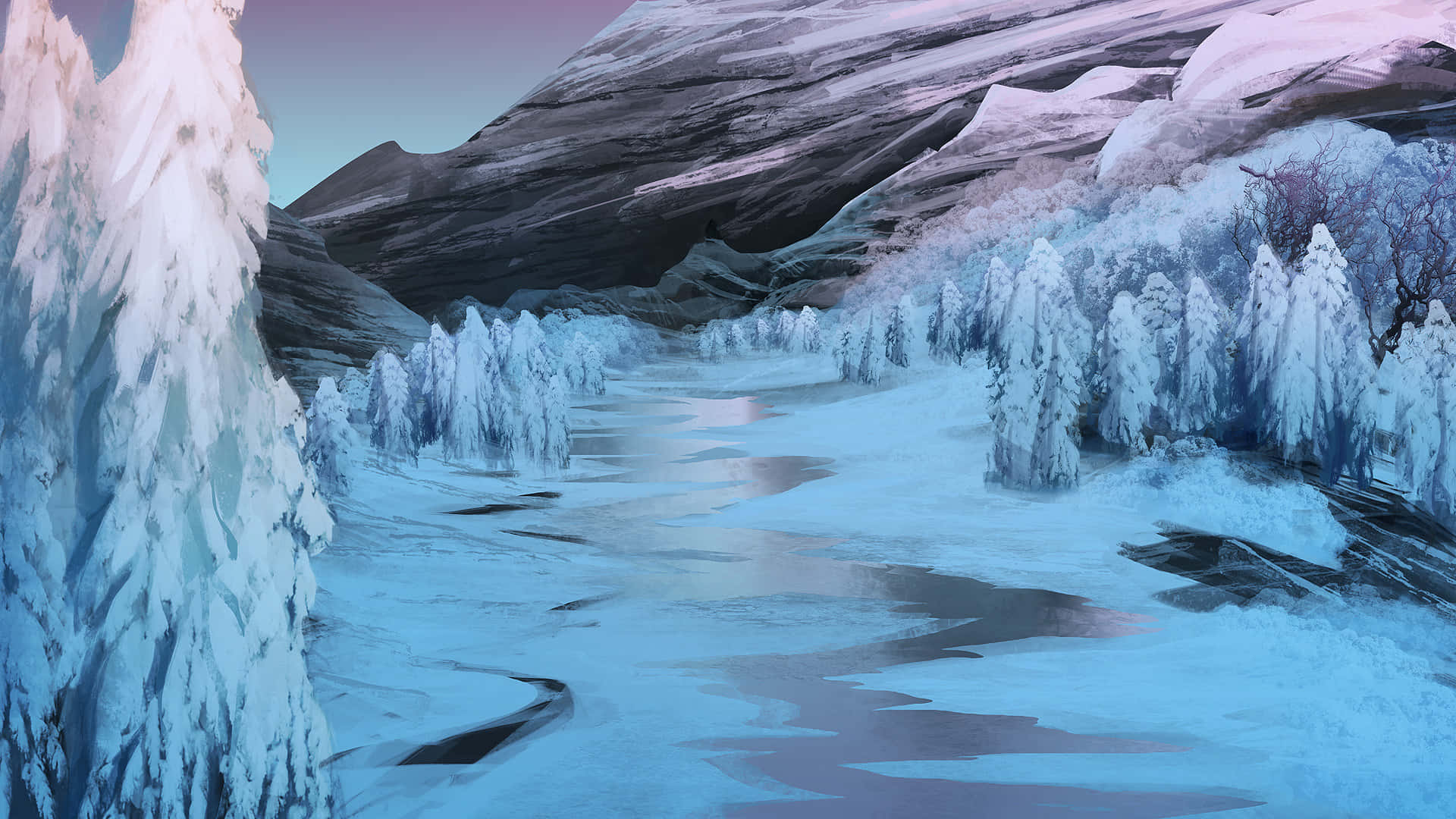 Download A Painting Of A Frozen River With Trees 
