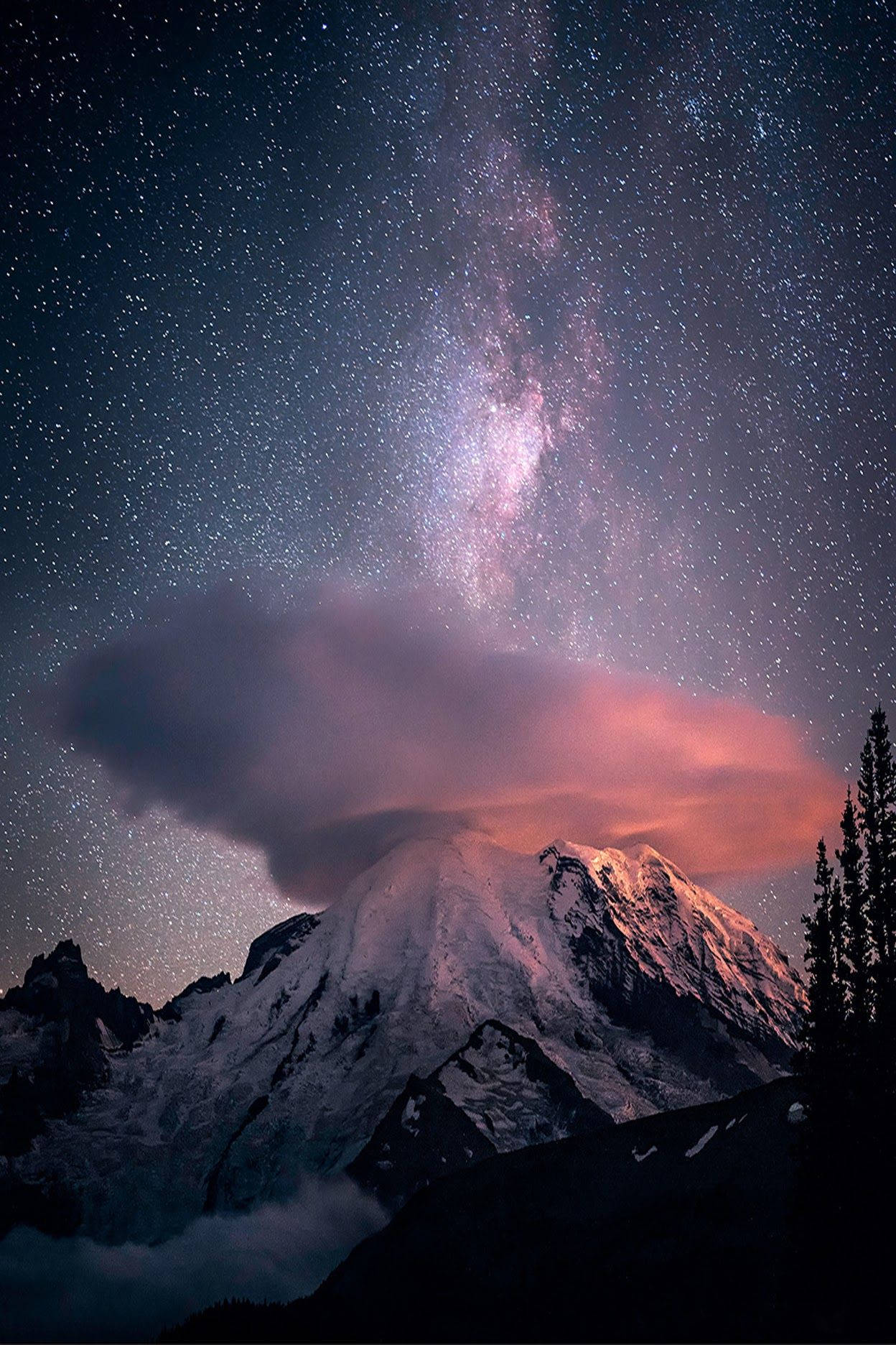 Snowy mountain peak on a starry night Iphone wallpaper