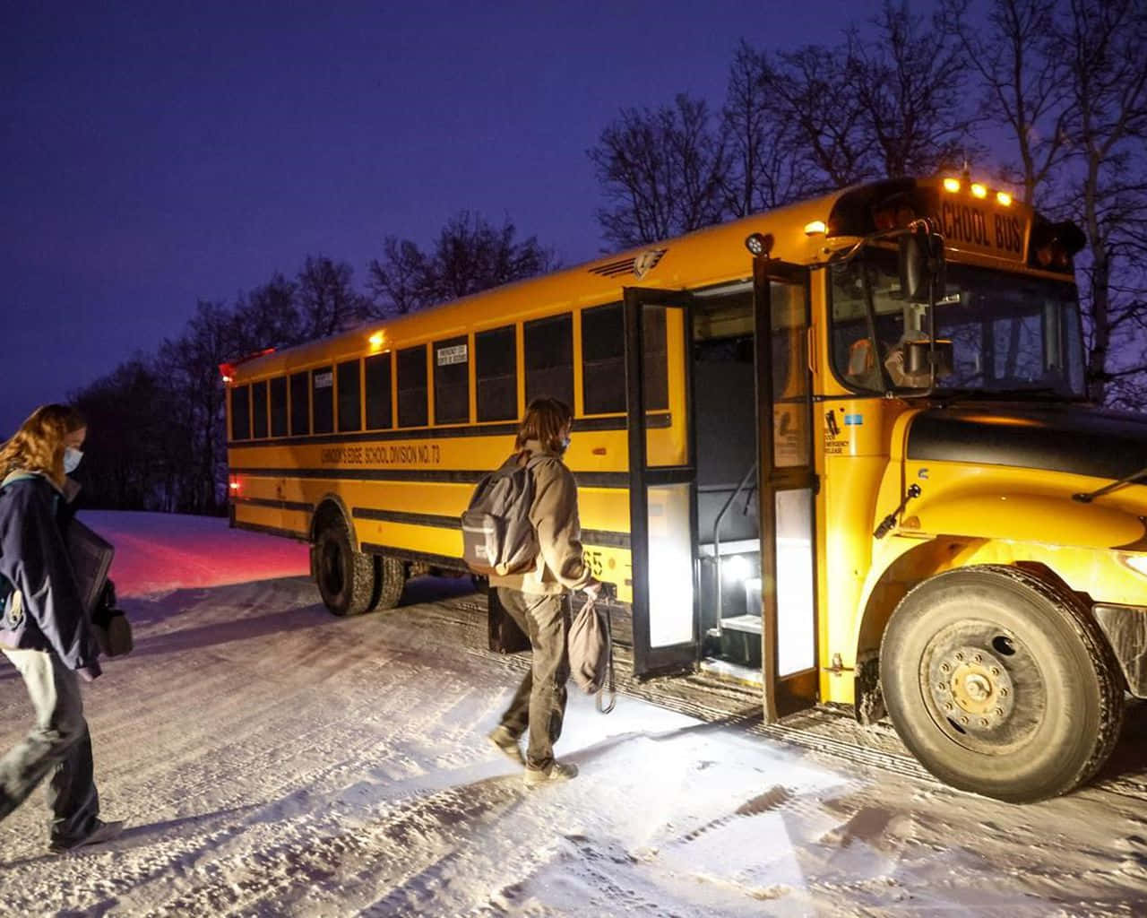 Snowy Night School Bus Stop Background