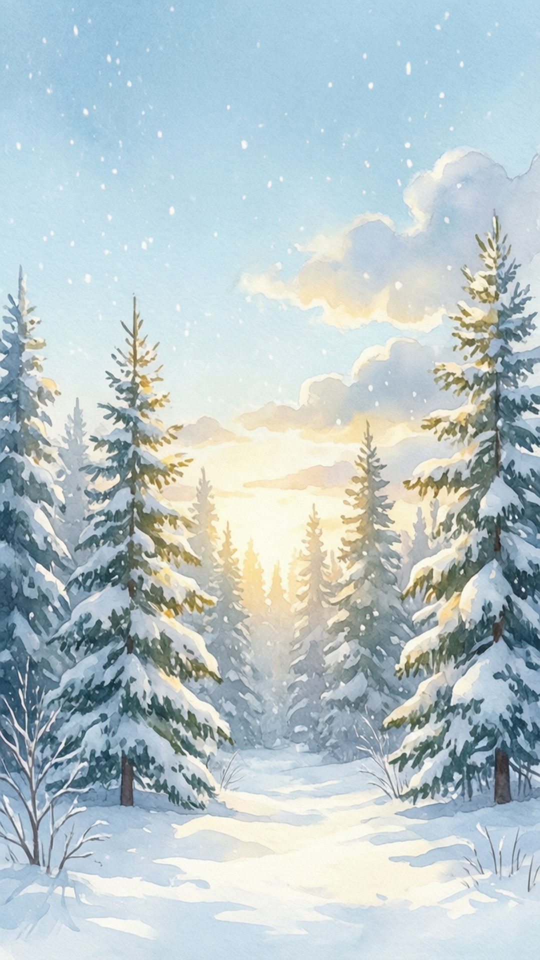 Minimalistisk akvarell vinterlandskap med snötäckta tallar och mjukt solljus för en januaritelefonbakgrund.