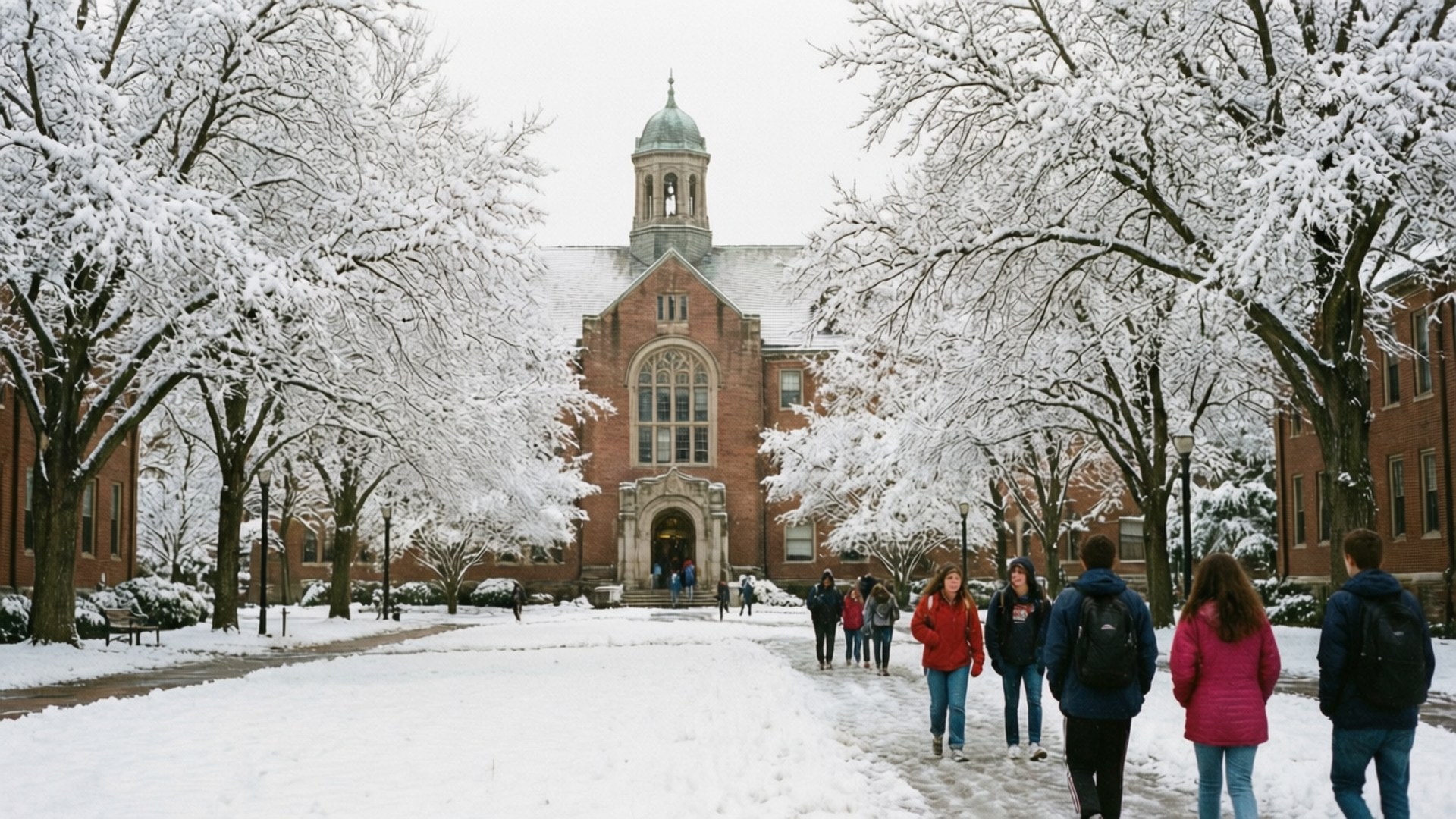 Une scène hivernale paisible sur le quad principal de l'Université de Washington avec de la neige et Brookings Hall.