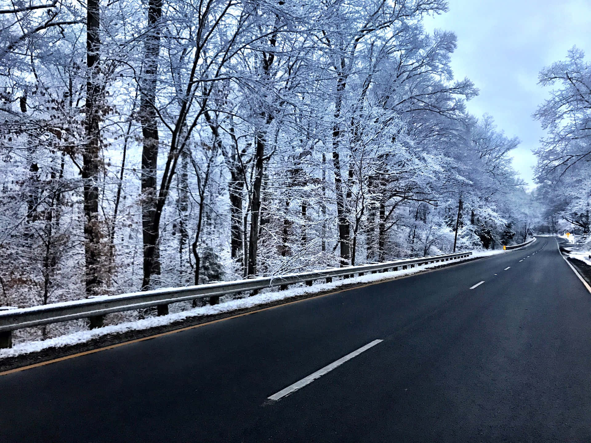 A serene snowy road amidst a beautiful winter landscape Wallpaper