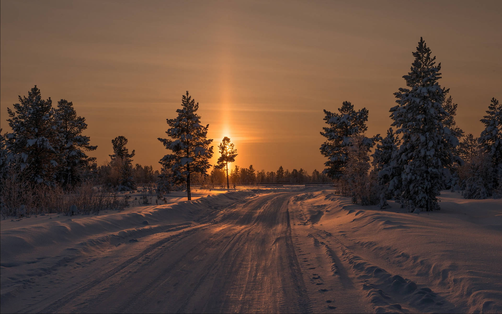 Snowy Road Sunset Desktop Wallpaper