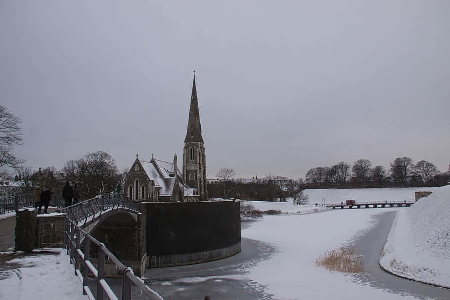 Snowy St Albans Churchand Bridge Wallpaper