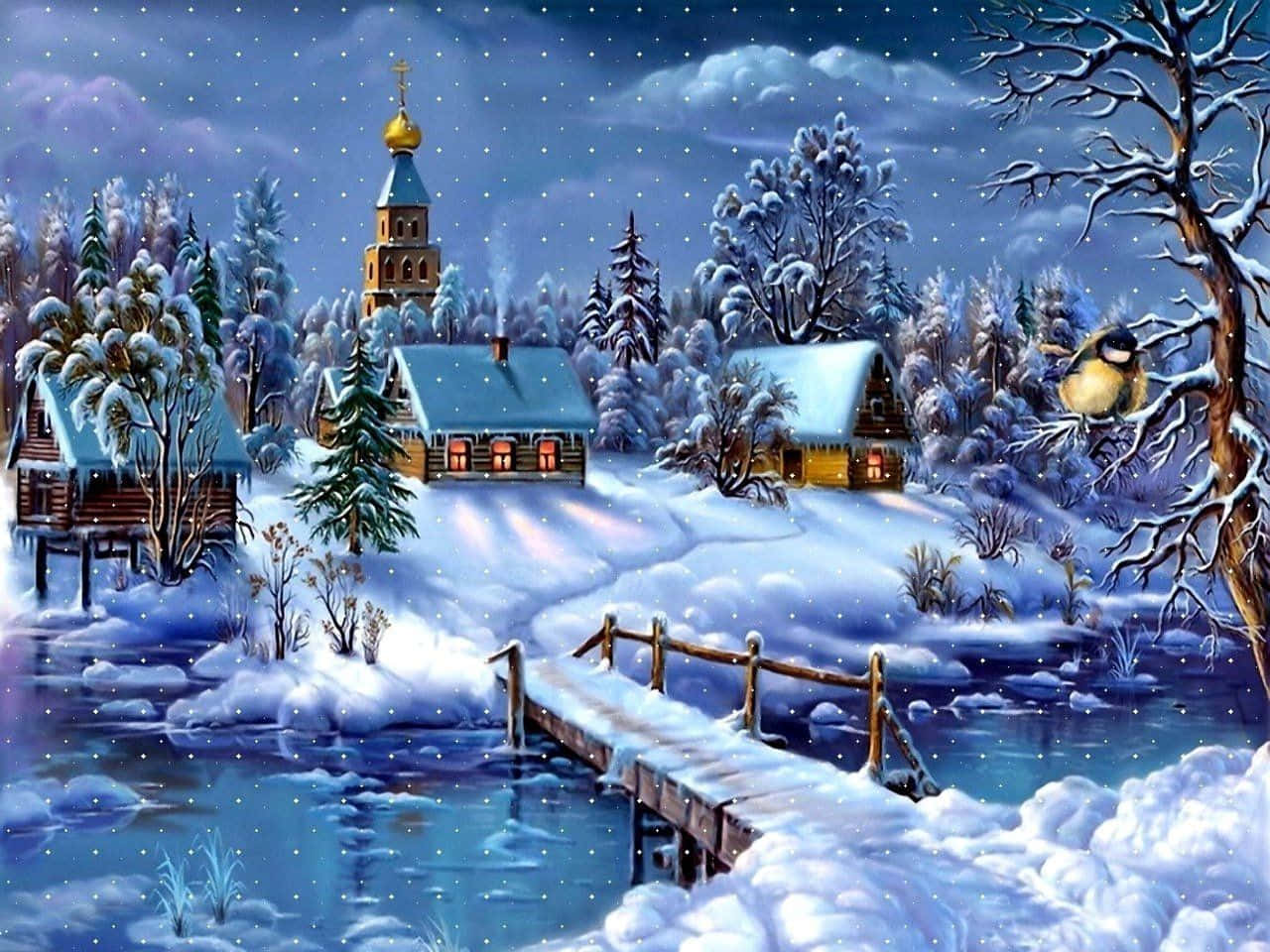 Picturesque Snowy Village Scene Wallpaper