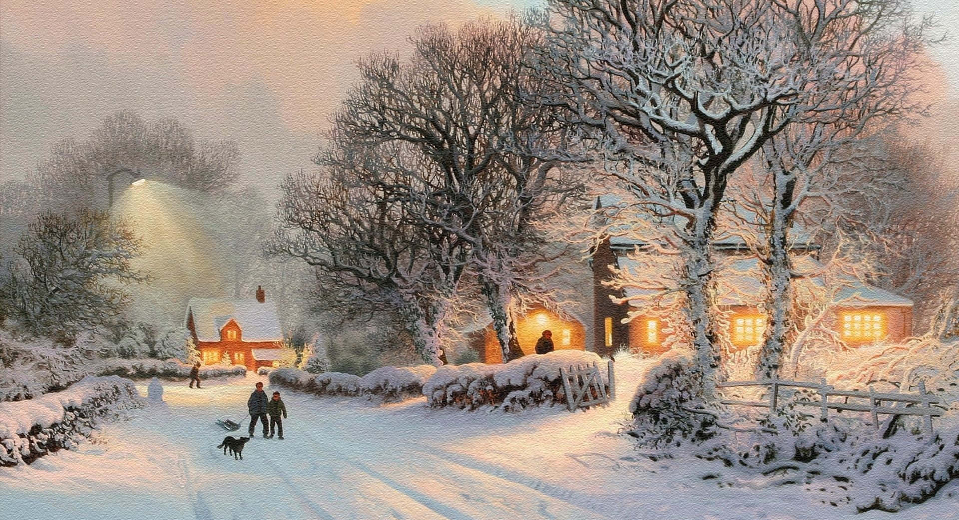 Enchanting Winter Wonderland in a Snowy Village Wallpaper