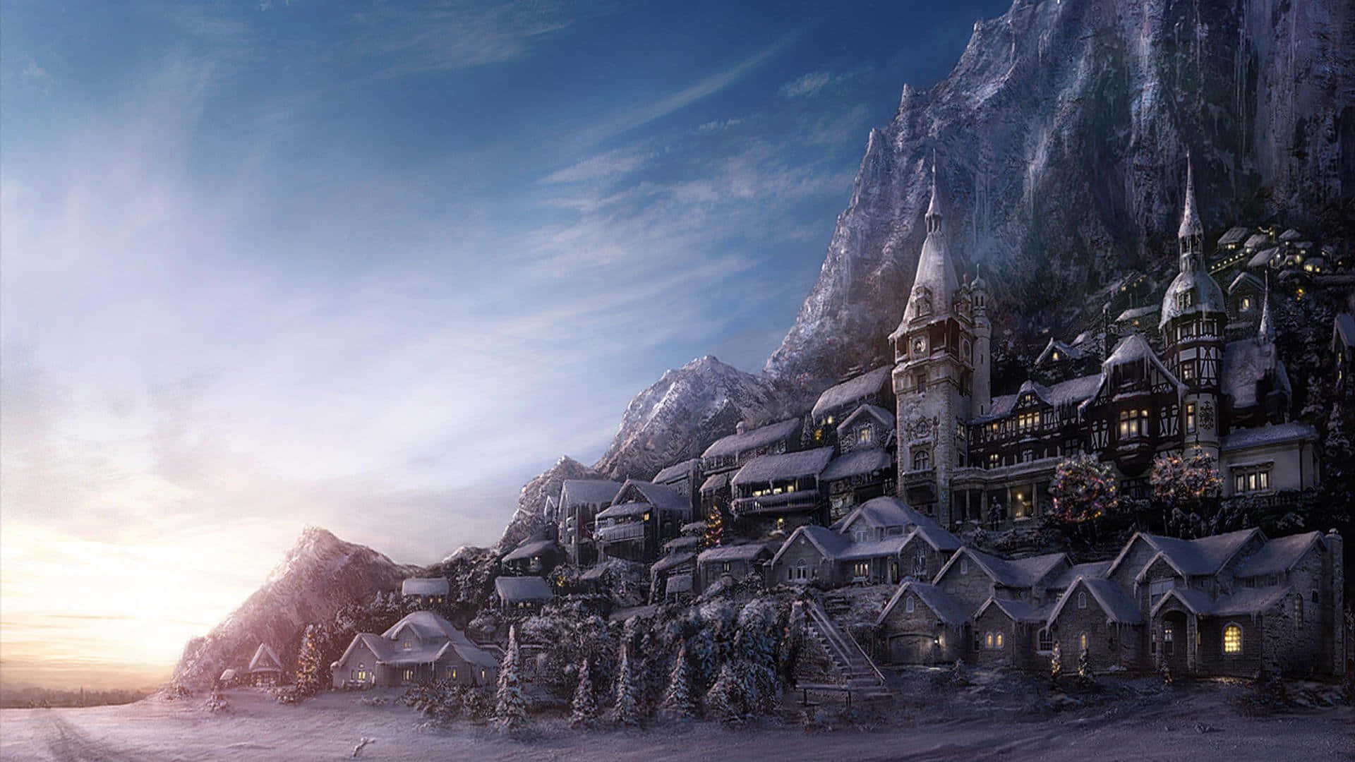 Snowy Village during Winter Wonderland Wallpaper
