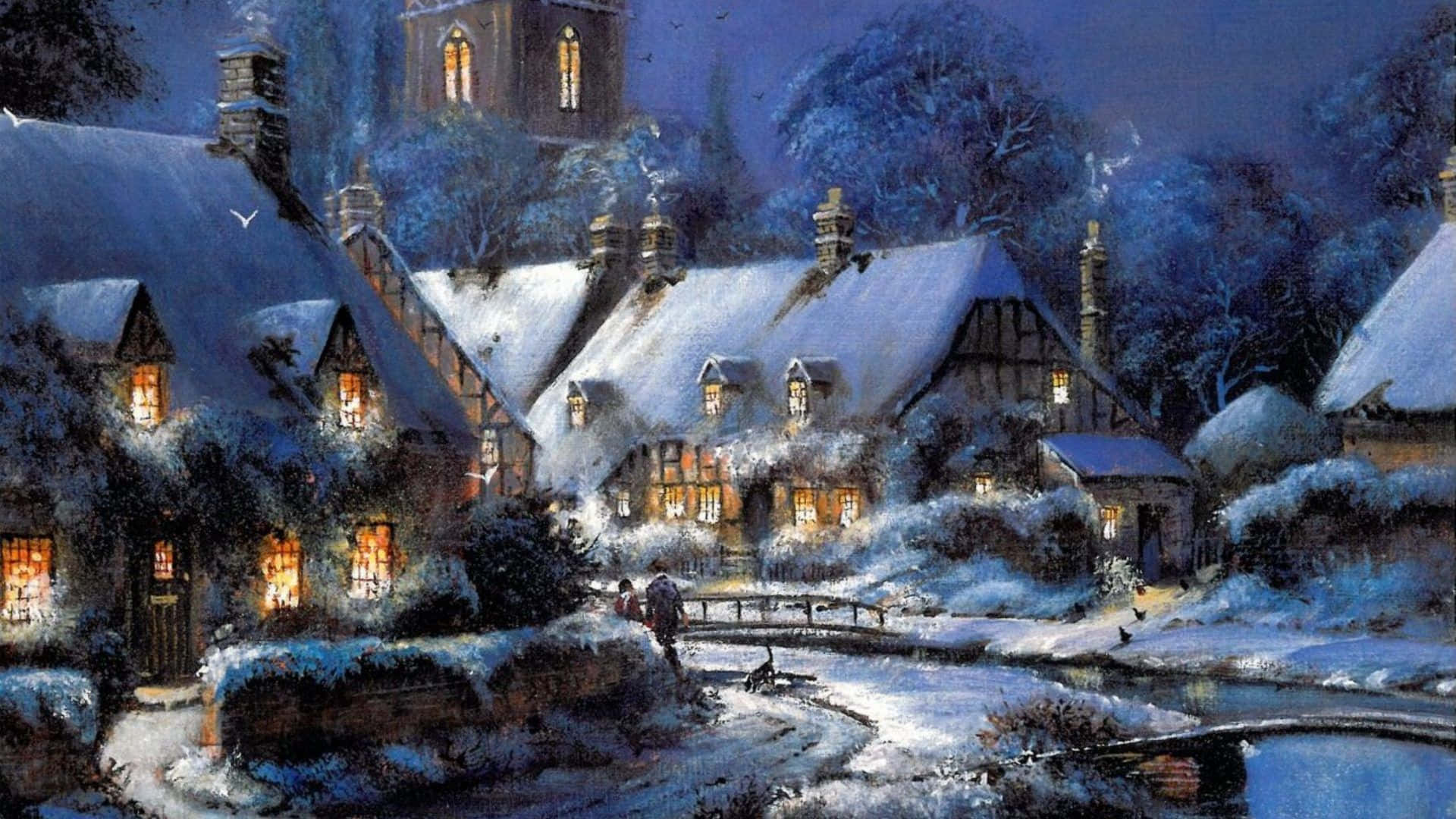 Enchanting Snowy Village at Twilight Wallpaper