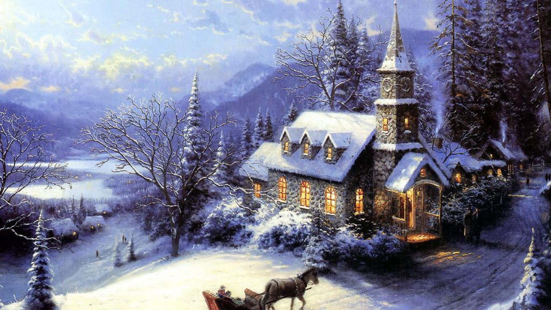 Picturesque Snowy Village in Winter Wallpaper