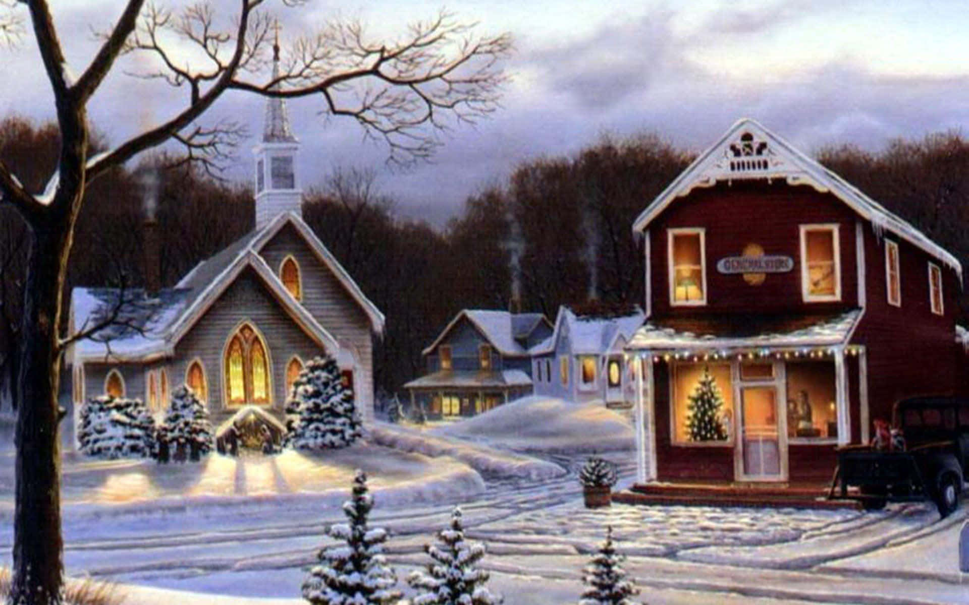 Enchanting Snowy Village in Winter Wallpaper