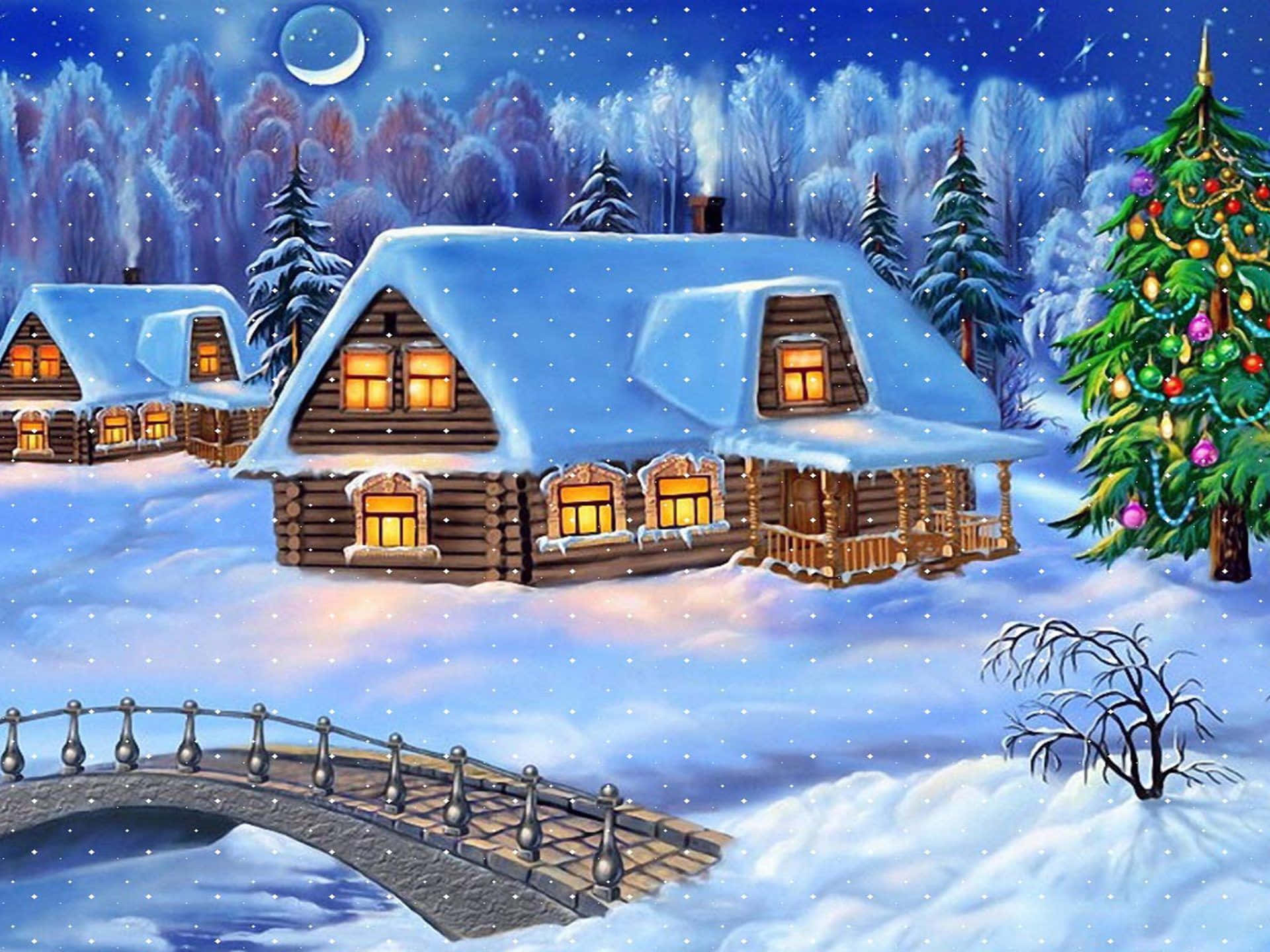 Tranquil Snowy Village Scene Wallpaper