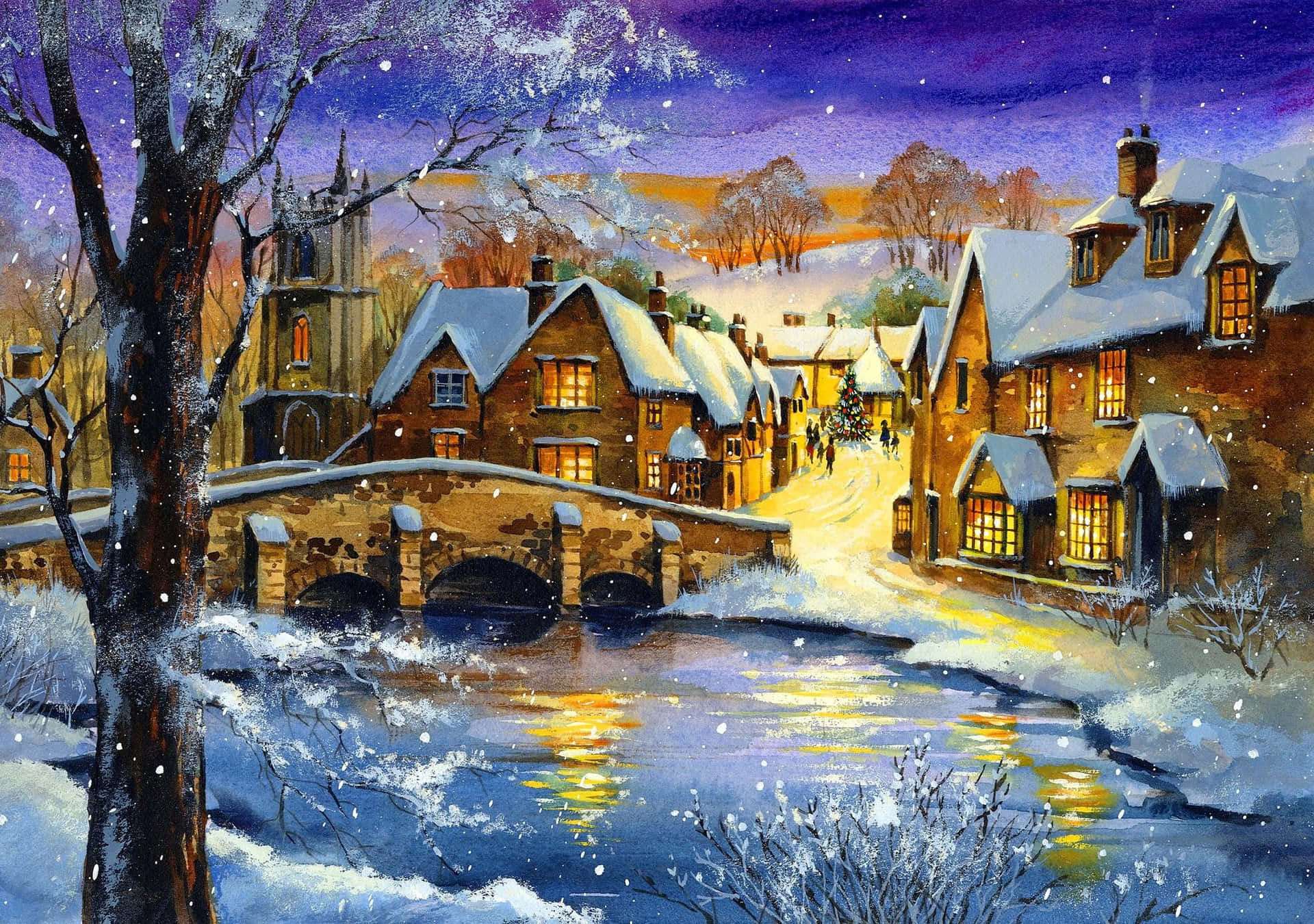 Enchanting Snowy Village Nightscape Wallpaper