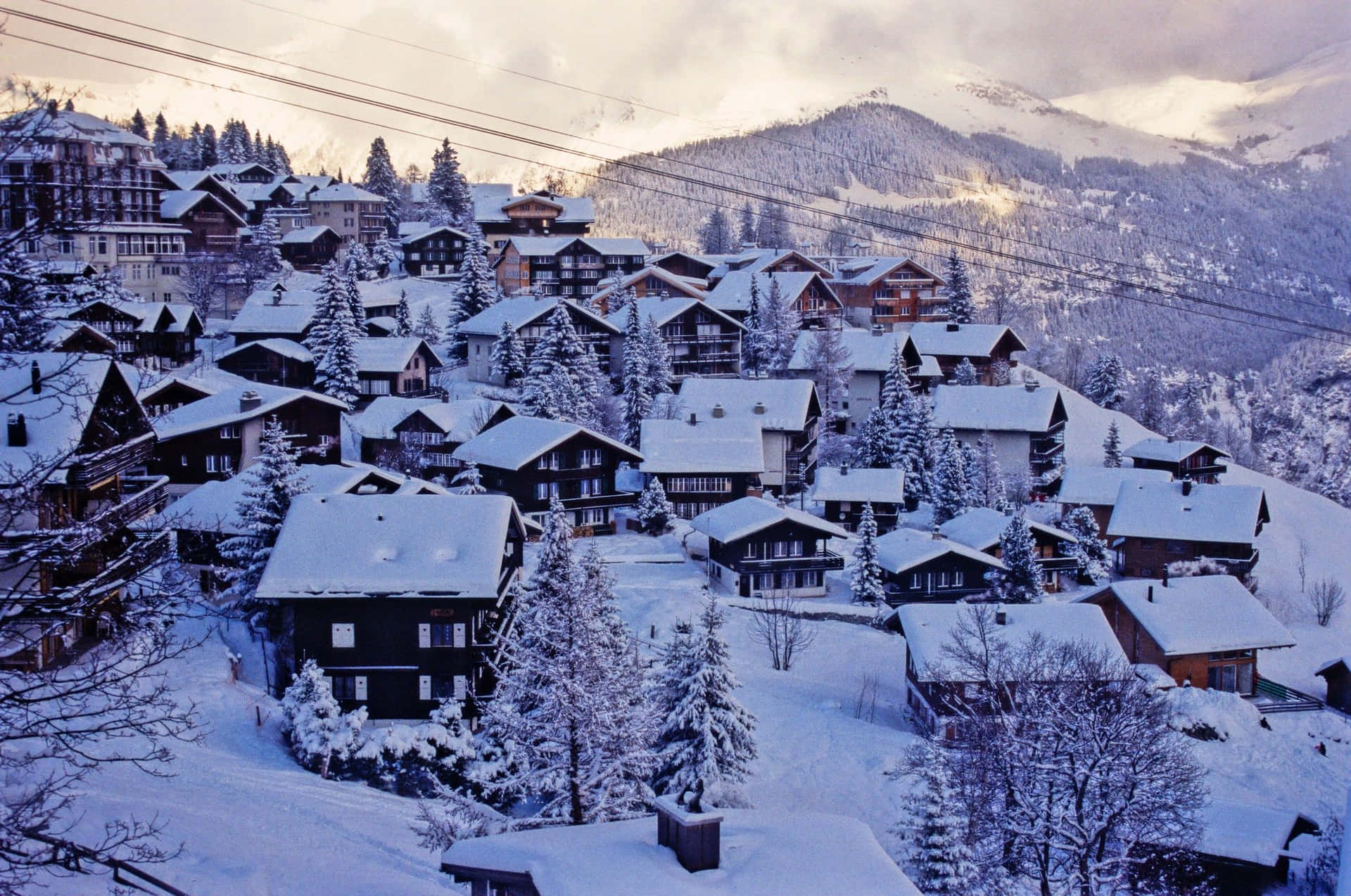 Enchanting Snowy Village at Dusk Wallpaper