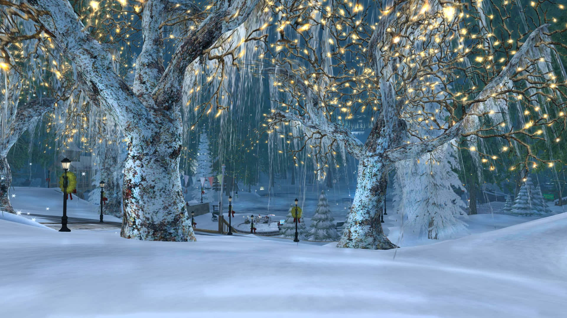 Tranquil Snowy Village nestled in a Winter Wonderland Wallpaper