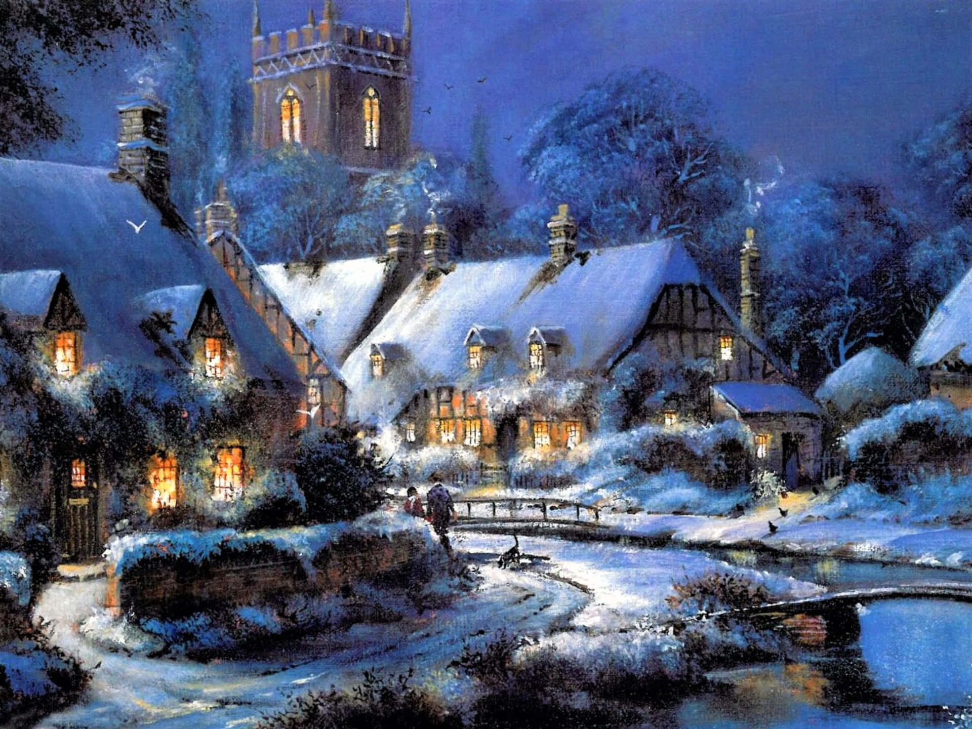 Enchanting Snow-Covered Village in Winter Wallpaper