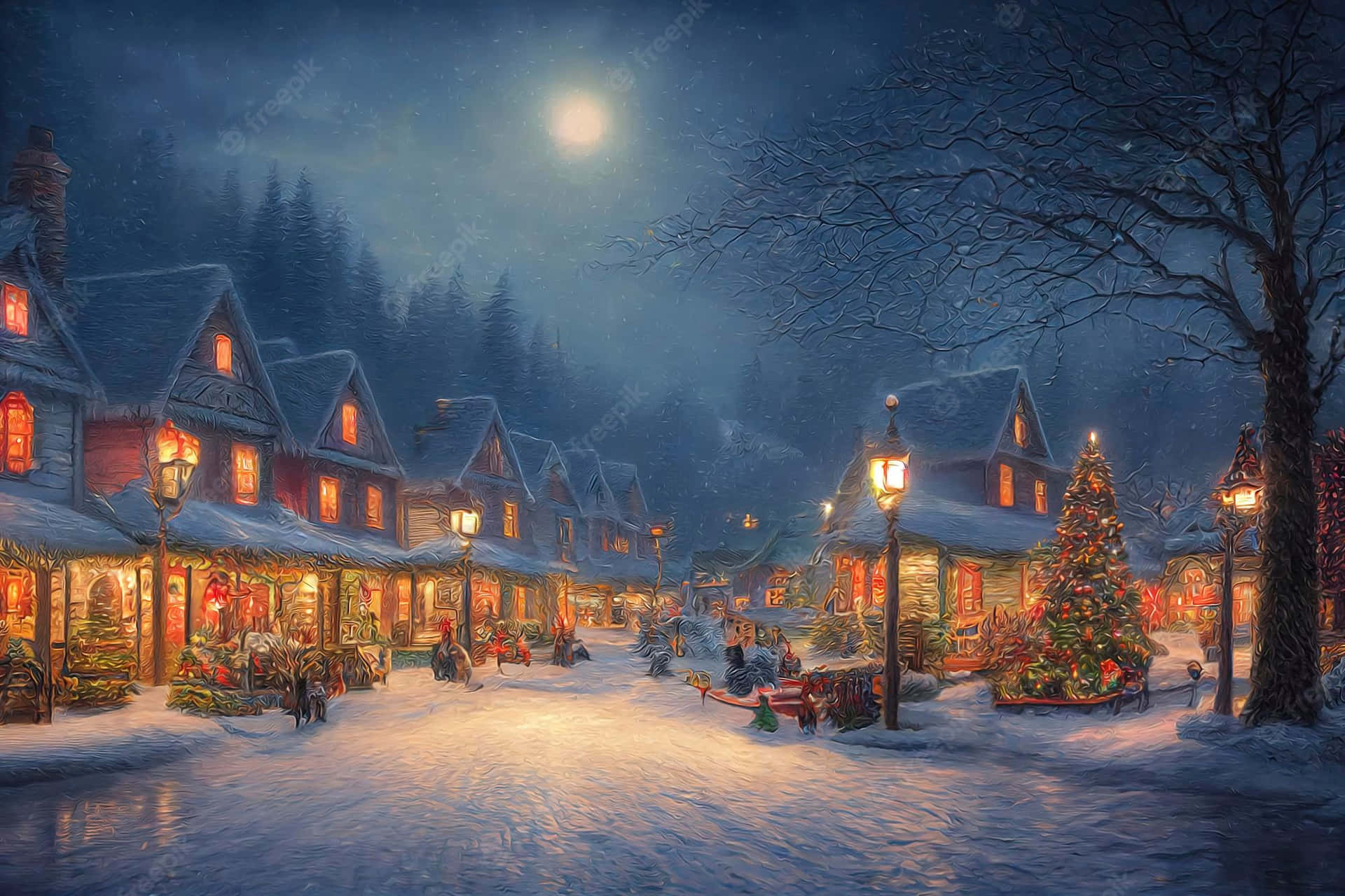 Snowy Village In Holiday Season Wallpaper