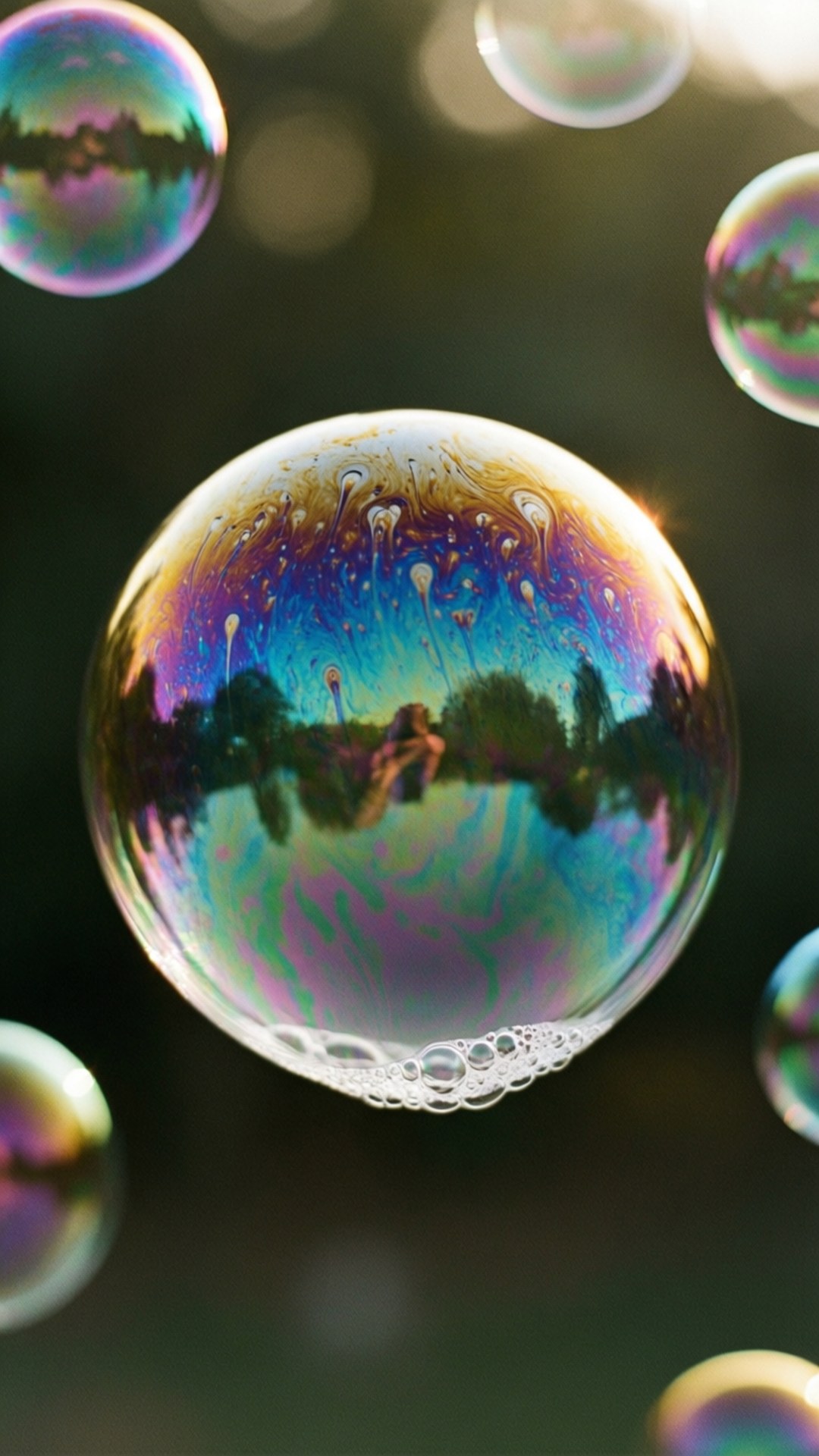Färgglada såpbubblor flyter med regnbågsreflektioner, mjuk bokeh-bakgrund.