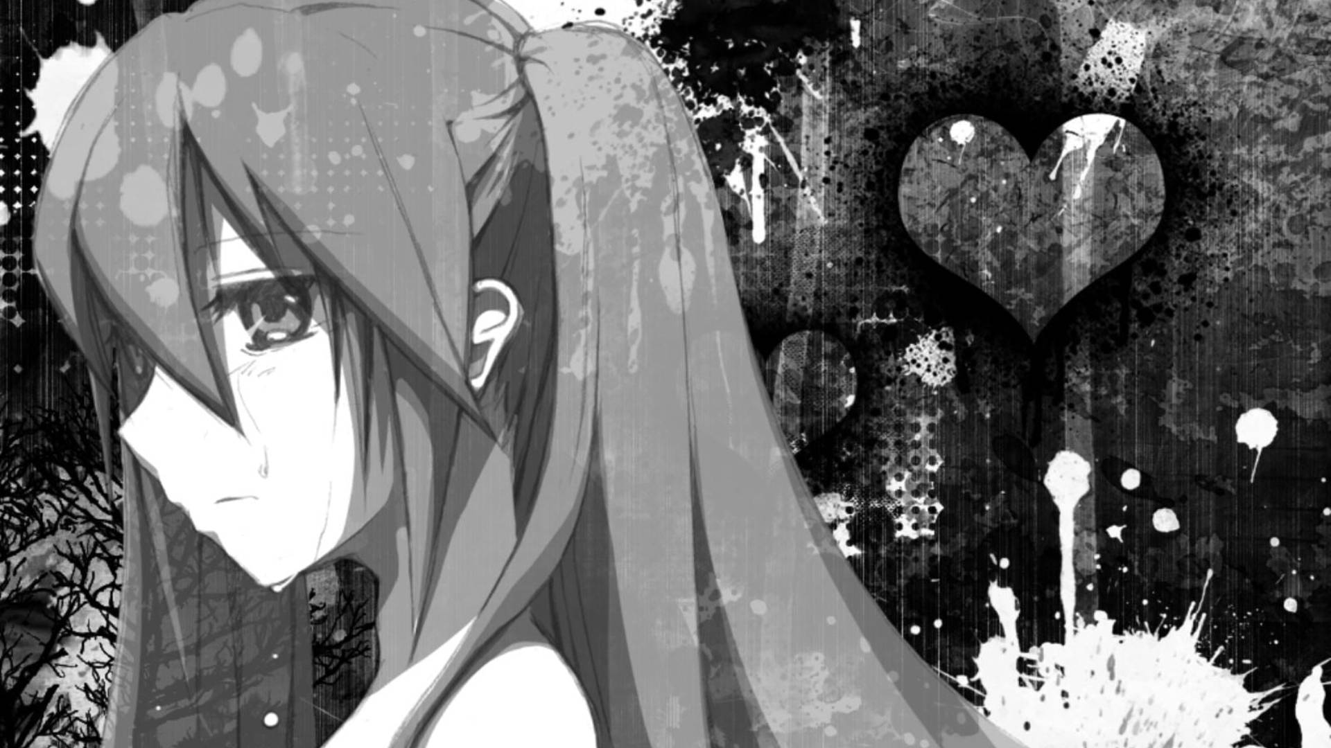 Sobbing Sad Anime Girl Black And White Wallpaper