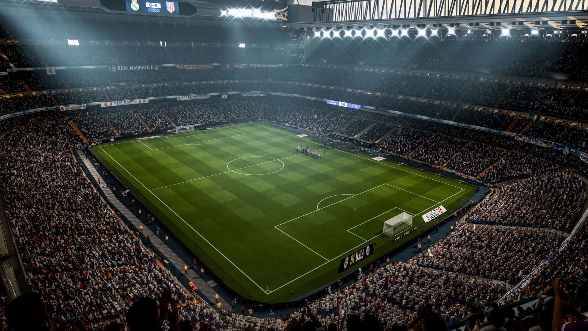 A packed soccer stadium under bright lights