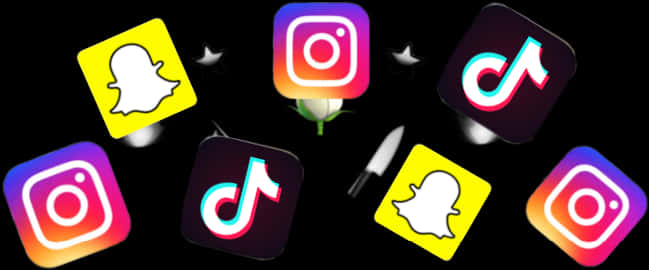 Social Media Icons Floating Black Background PNG
