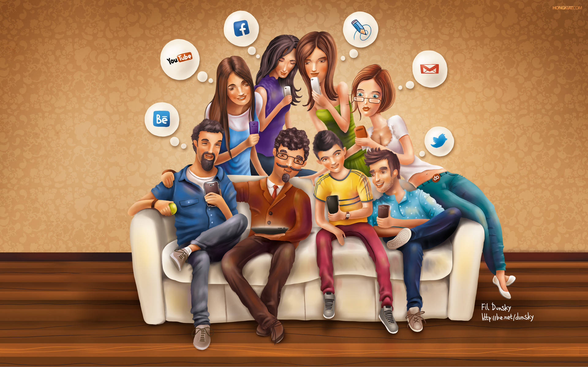 Sociale Medier Mennesker På En Sofa Wallpaper